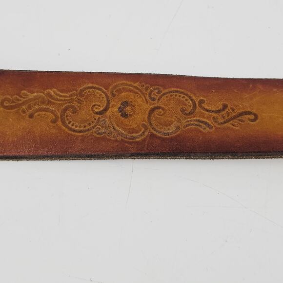 Vintage Country Music Brown Leather Belt Handtooled Snap-On Unisex Size 30 - Picture 2 of 6